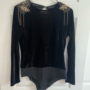Black Embellished Velvet Bodysuit